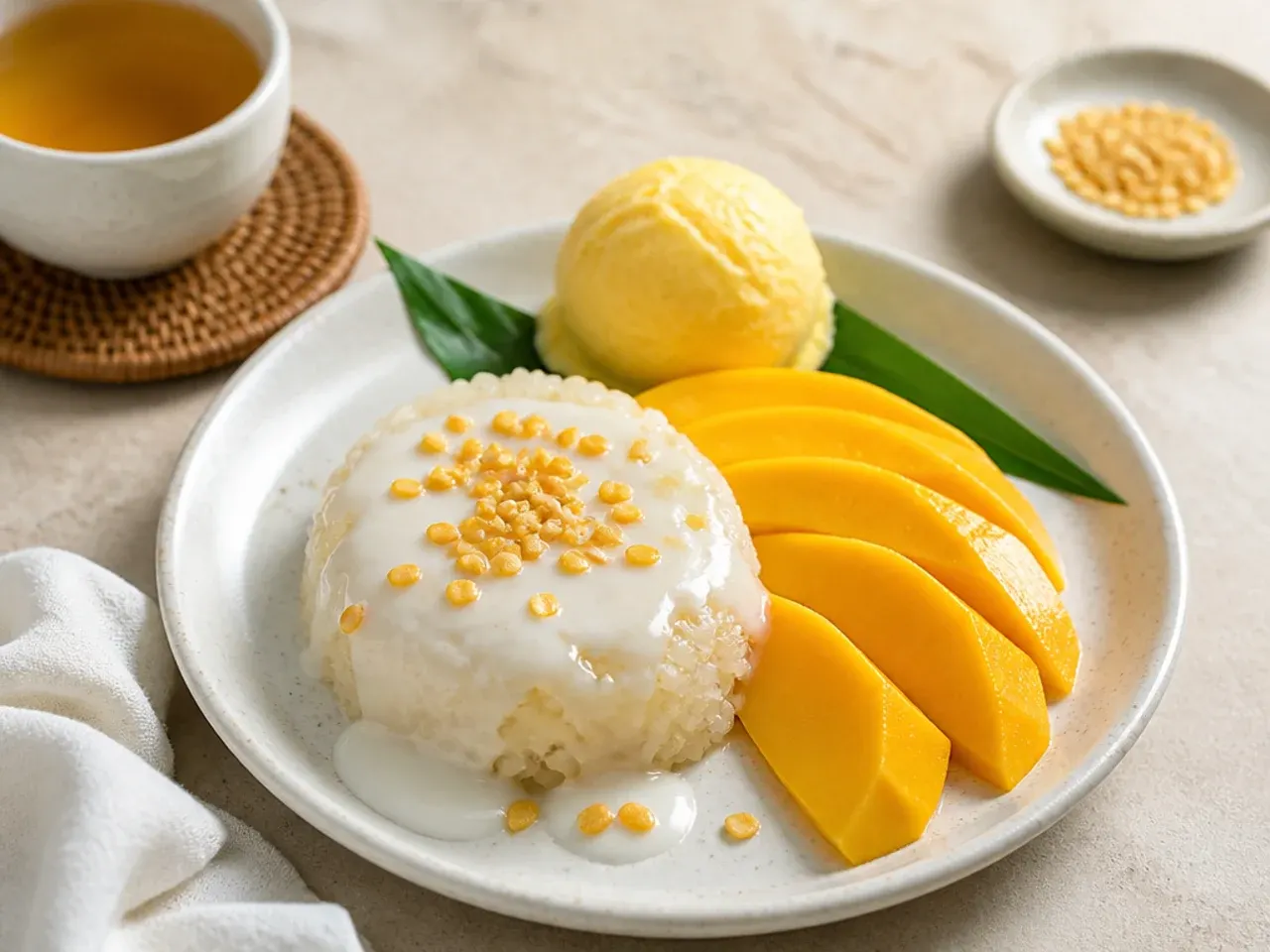 Mango sticky rice for parties served with tea, sorbet and toasted mung bean garnish