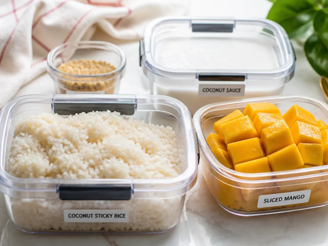 Airtight containers storing mango sticky rice for parties components separately for make-ahead