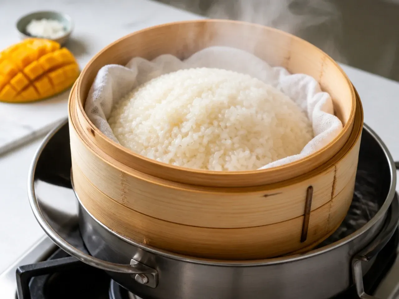 mango sticky rice how to — step 2: steam the rice
