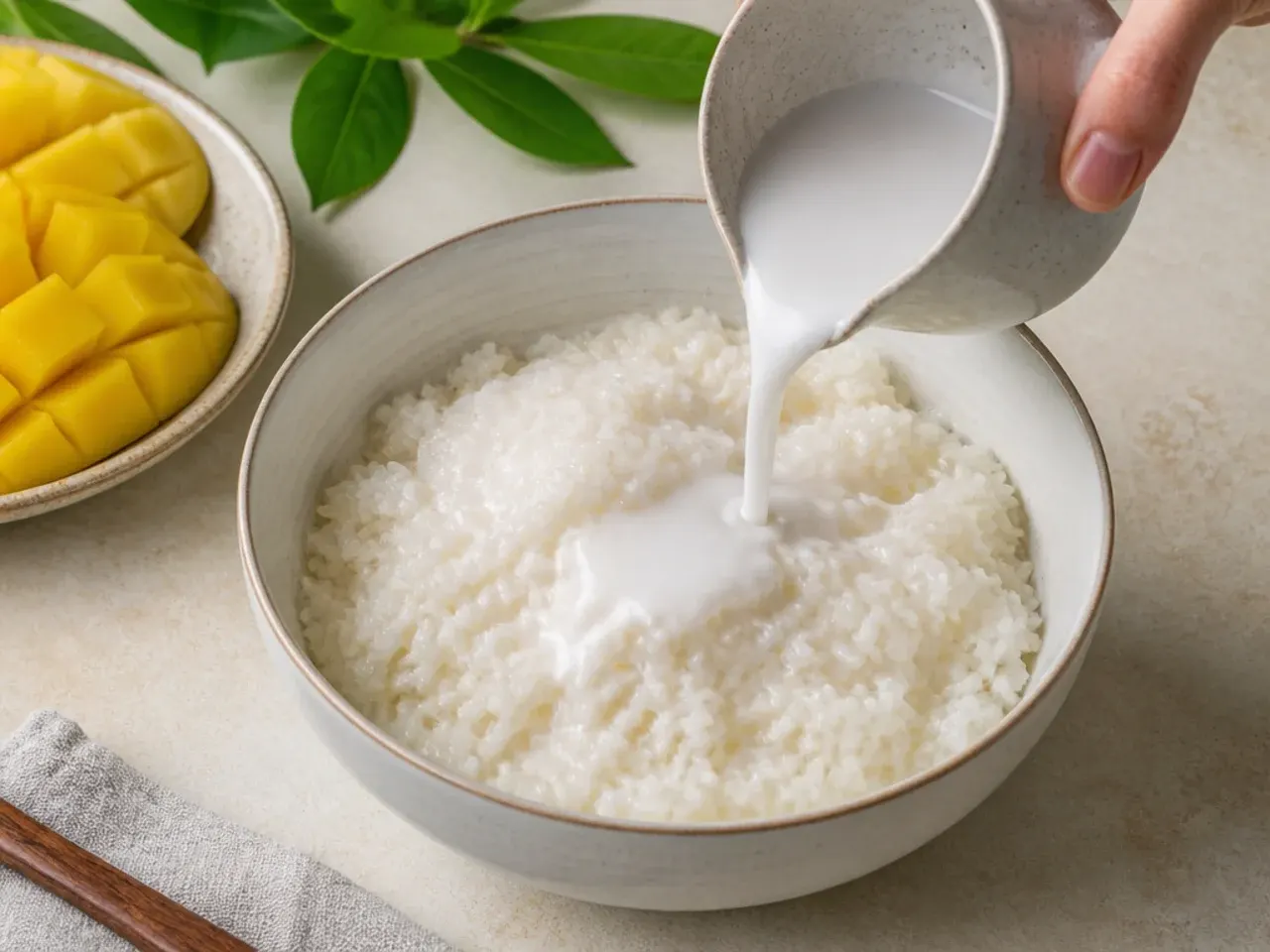 mango sticky rice how to — step 4: soak the hot rice in the sauce
