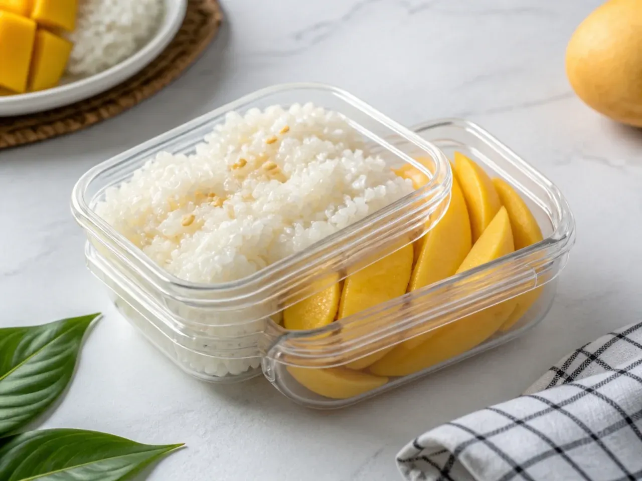 Mango sticky rice storage tips showing coconut sticky rice in an airtight container with fresh mango slices kept separate
