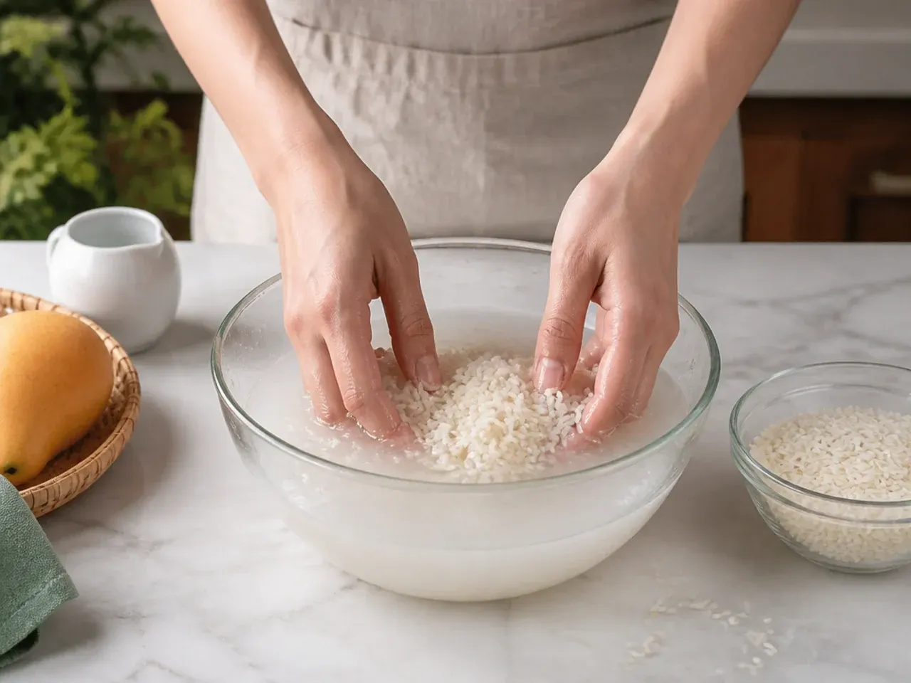 mango sticky rice plating — step 1: rinse and soak the rice