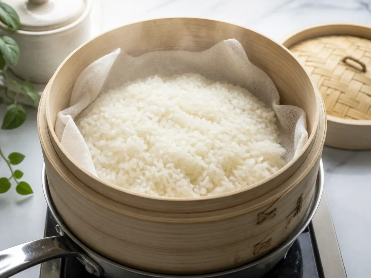 mango sticky rice plating — step 2: steam the rice