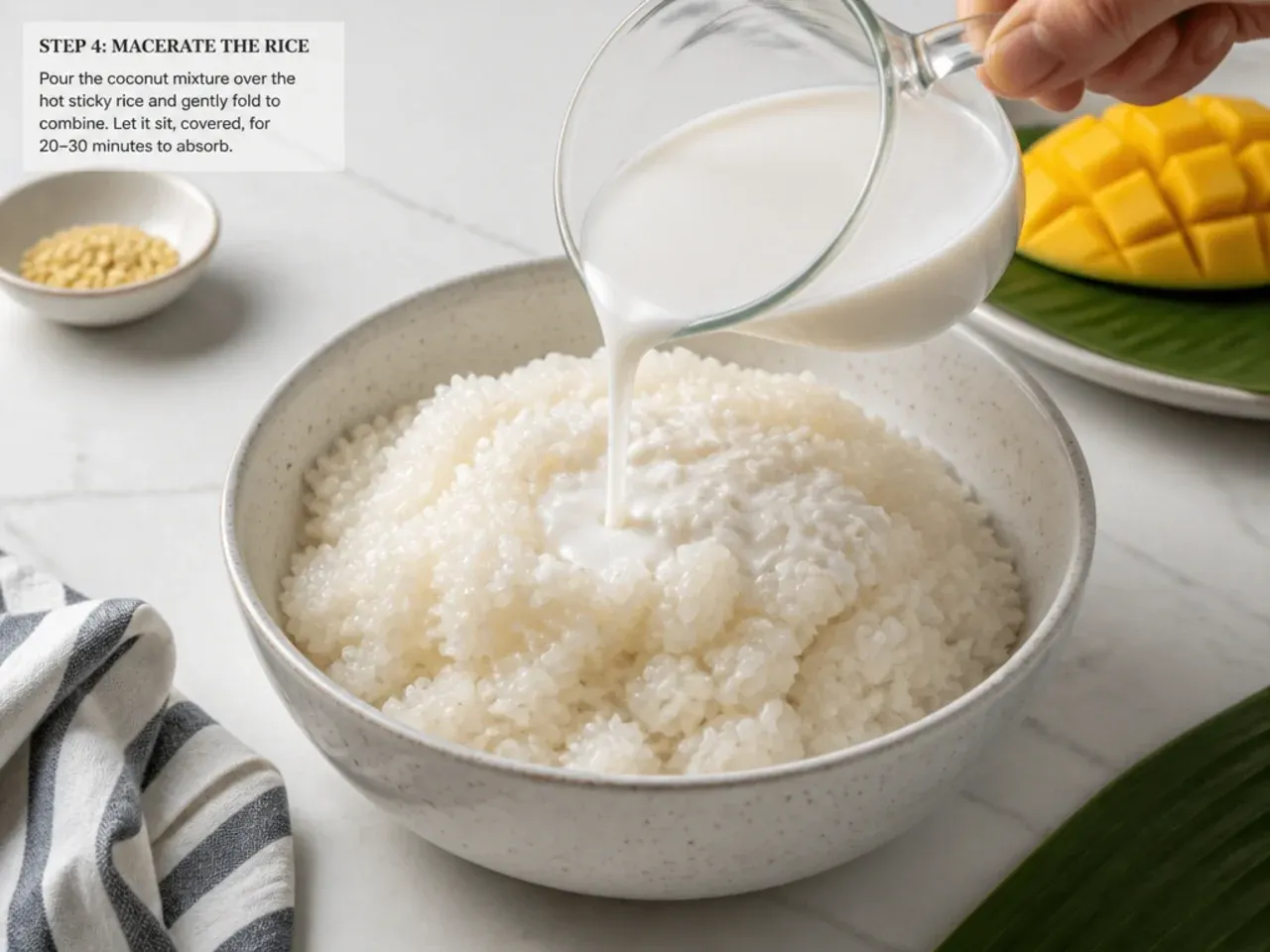 mango sticky rice plating — step 4: macerate the rice