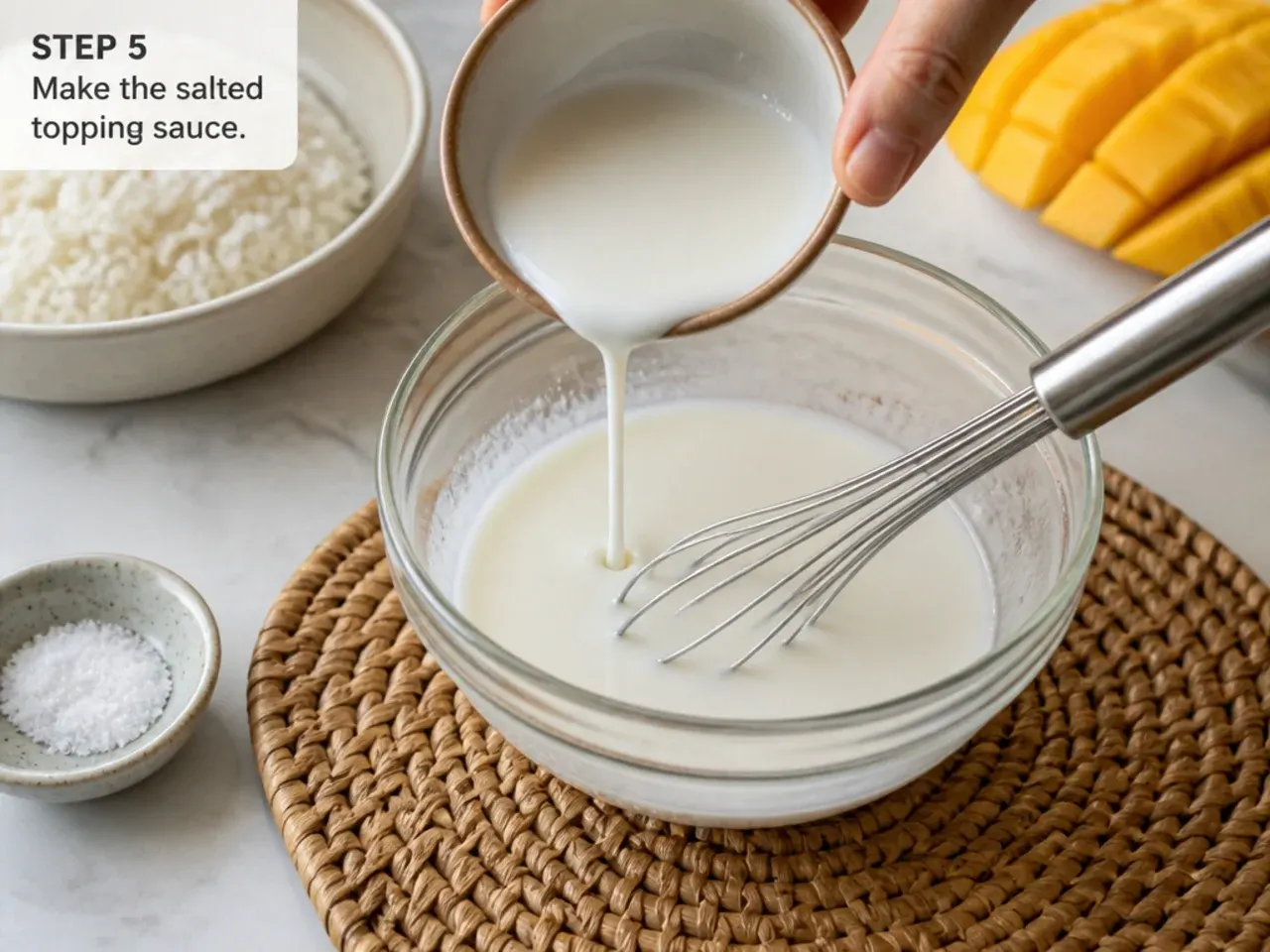 mango sticky rice plating — step 5: make the salted topping sauce