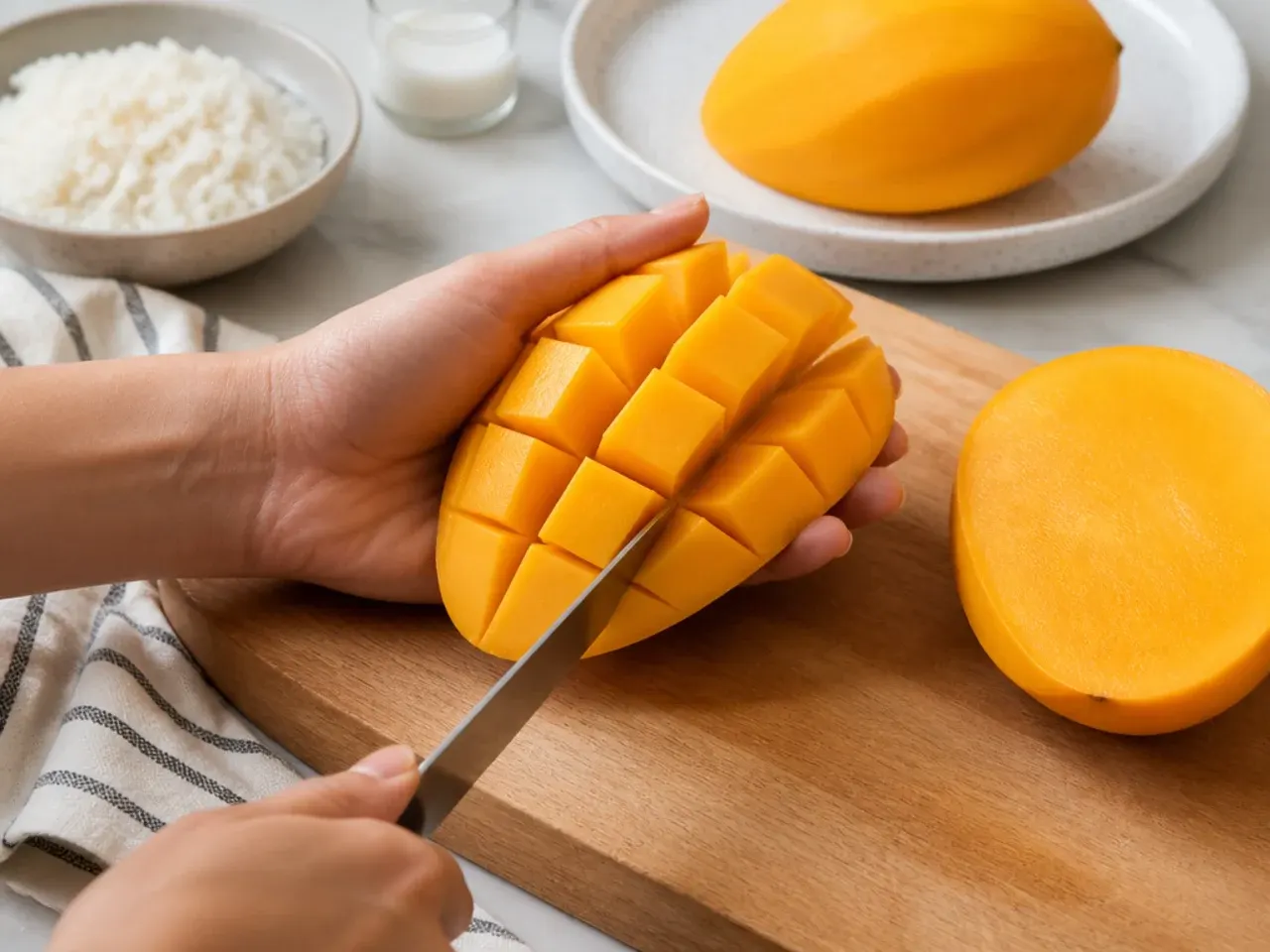 mango sticky rice plating — step 6: prepare the mango