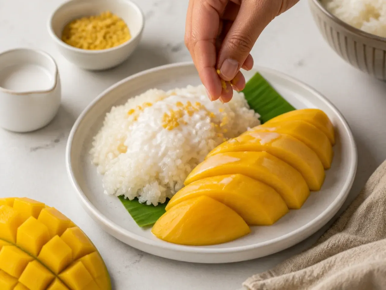 mango sticky rice plating — step 7: plate and garnish