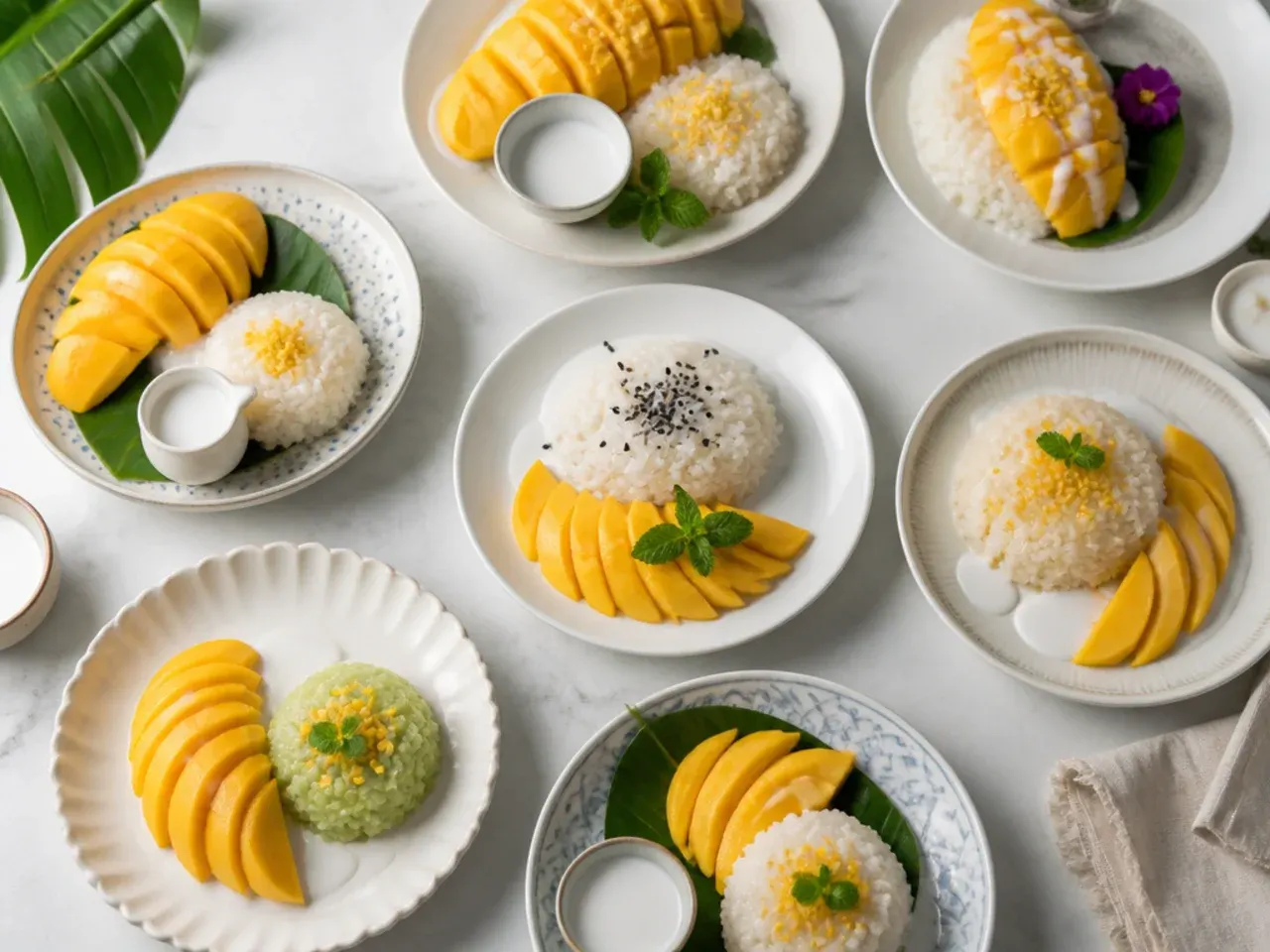 Overhead view of several mango sticky rice plating ideas arranged on white plates