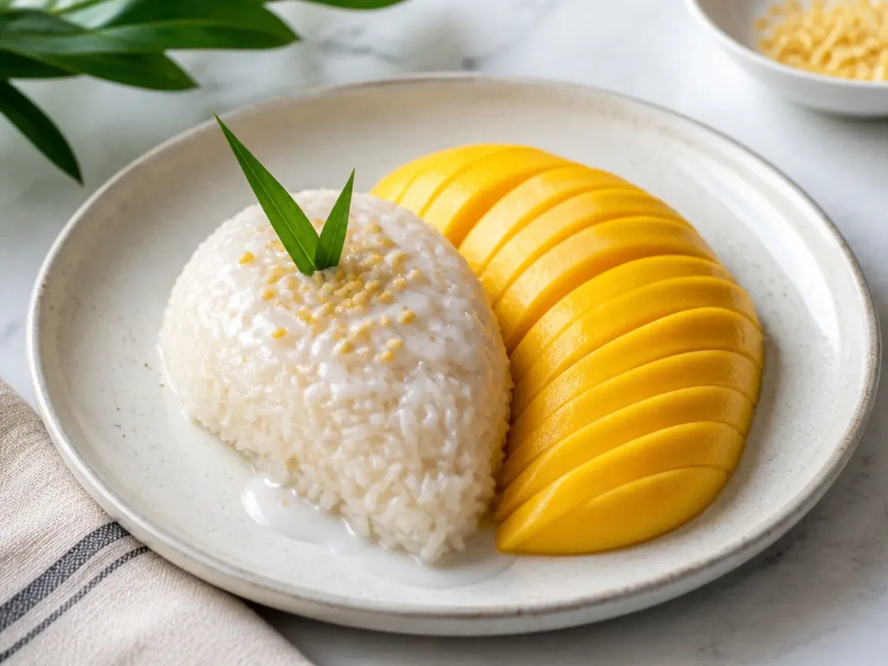 Classic mango sticky rice plating with an oval rice mound and fanned mango slices