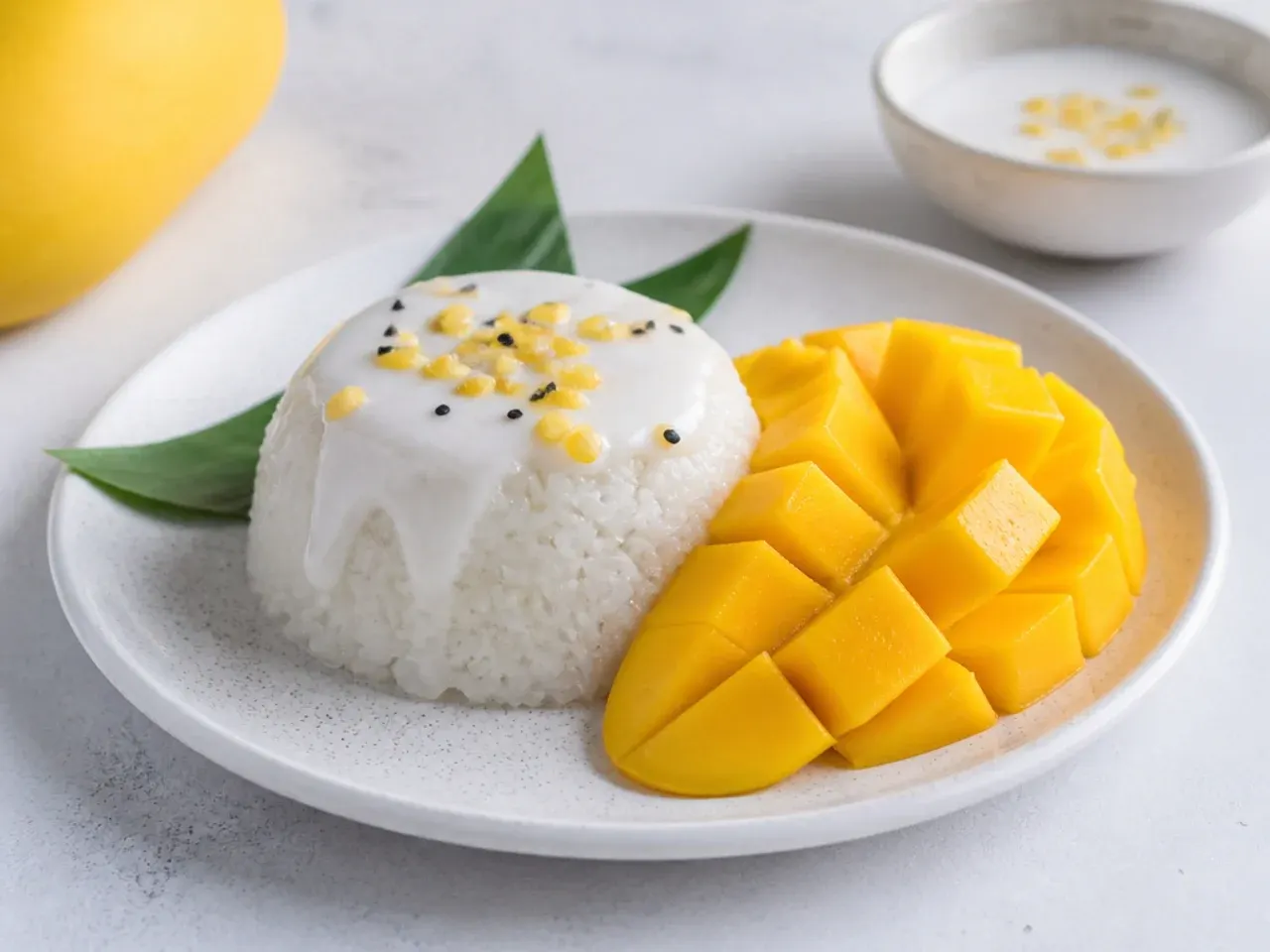 Easy mango sticky rice plating with a smooth domed rice shape from a ramekin