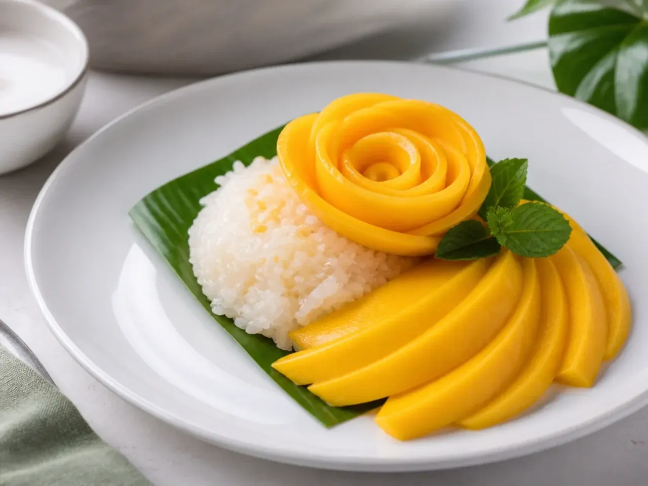 Elegant mango sticky rice plating topped with a curled mango rose