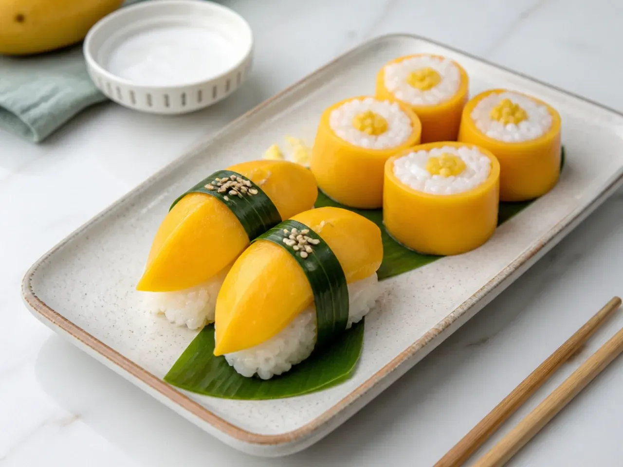 Playful mango sticky rice plating shaped like sushi nigiri and rolls