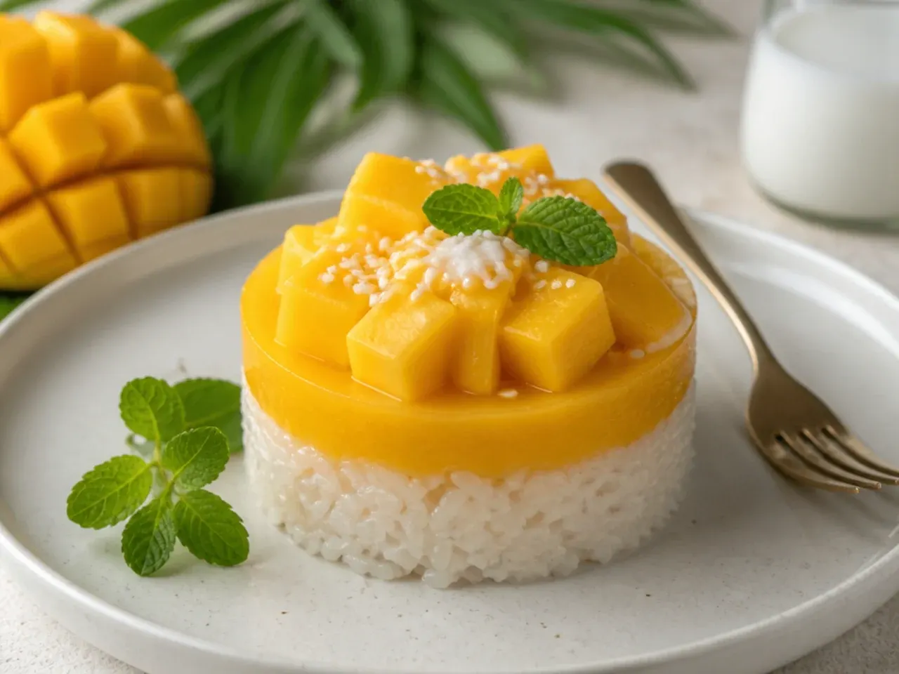Modern mango sticky rice plating stacked into a tower with a ring mold