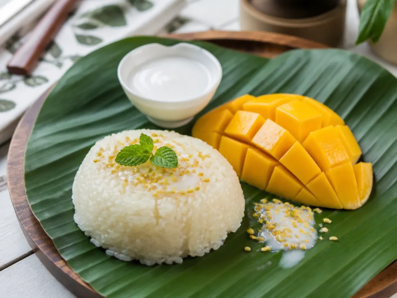 Rustic mango sticky rice plating served on a glossy green banana leaf