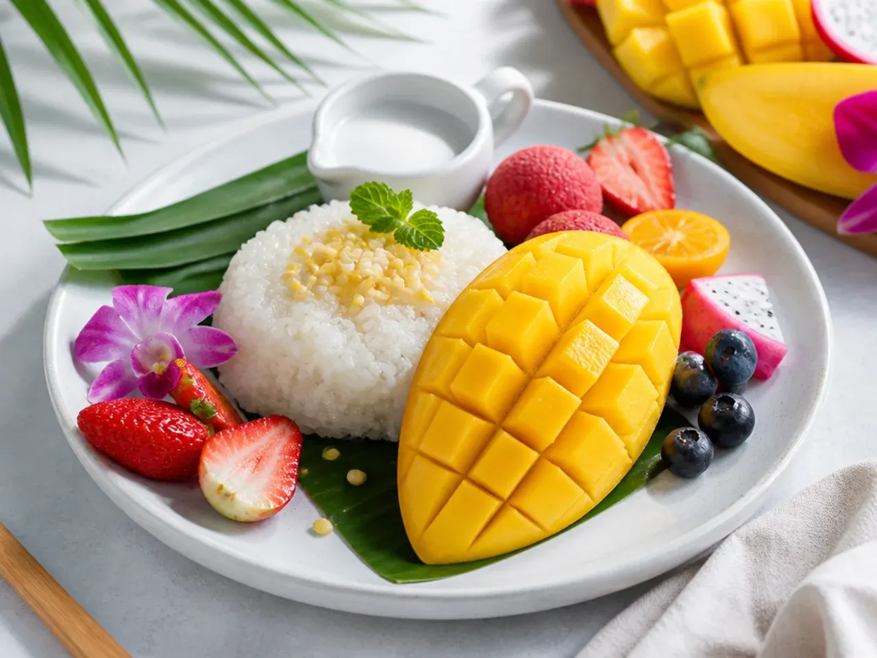 Colorful mango sticky rice plating ringed with bright tropical fruits