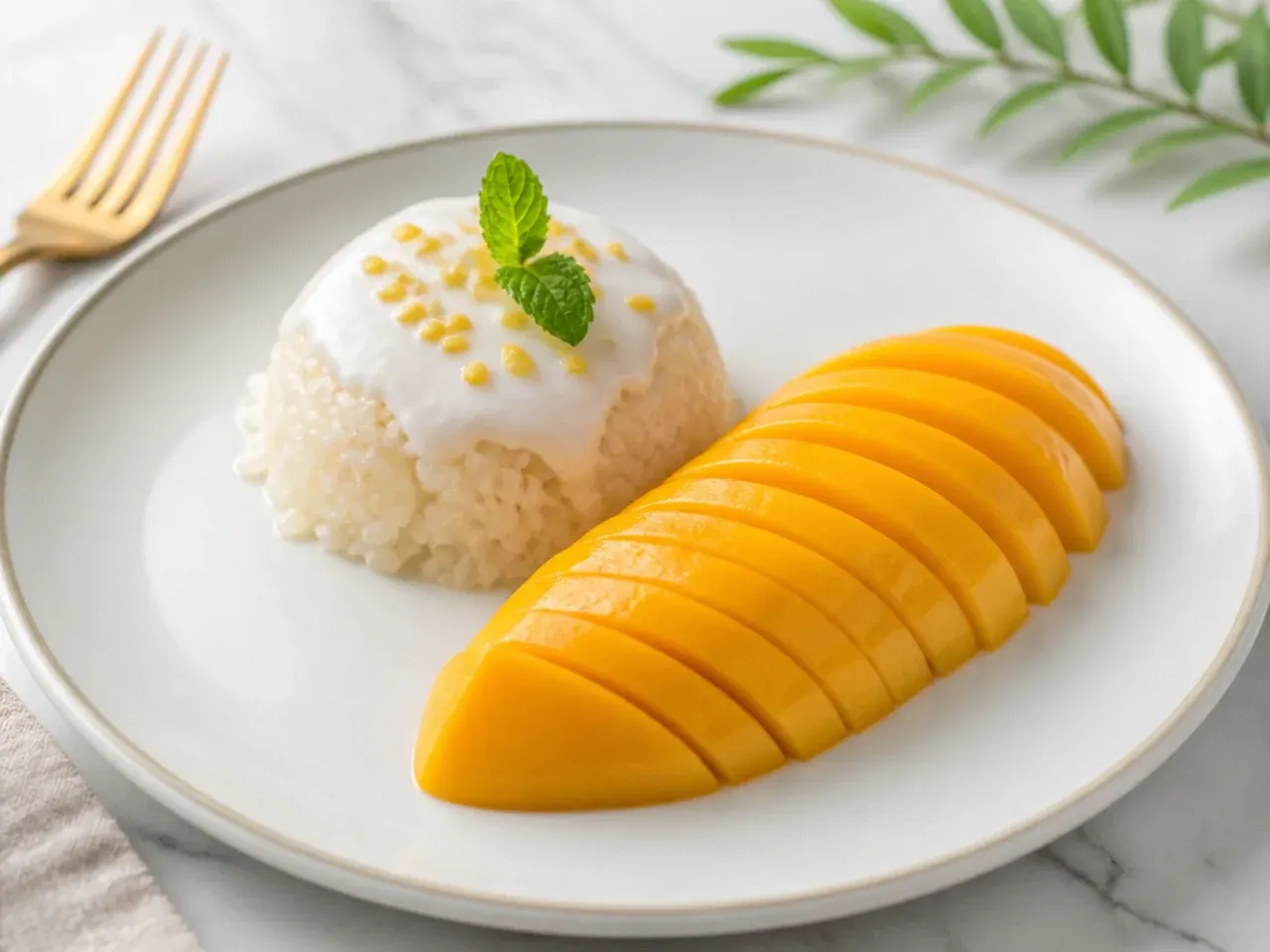 Minimal mango sticky rice plating with a single dome and one mango fan on a white plate