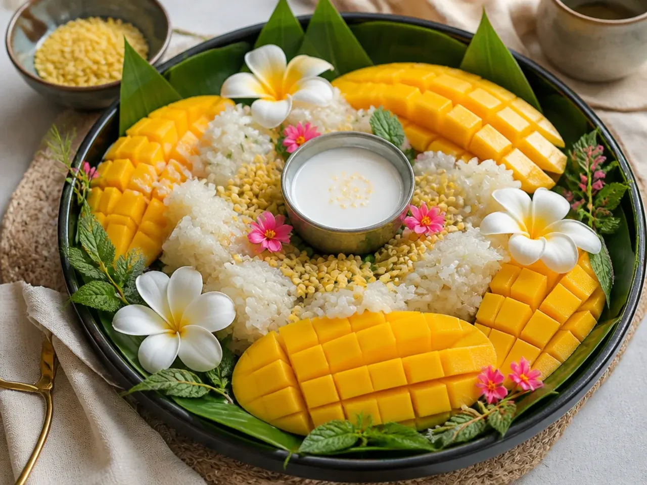 Festive mango sticky rice plating on a large sharing platter with fruit and flowers