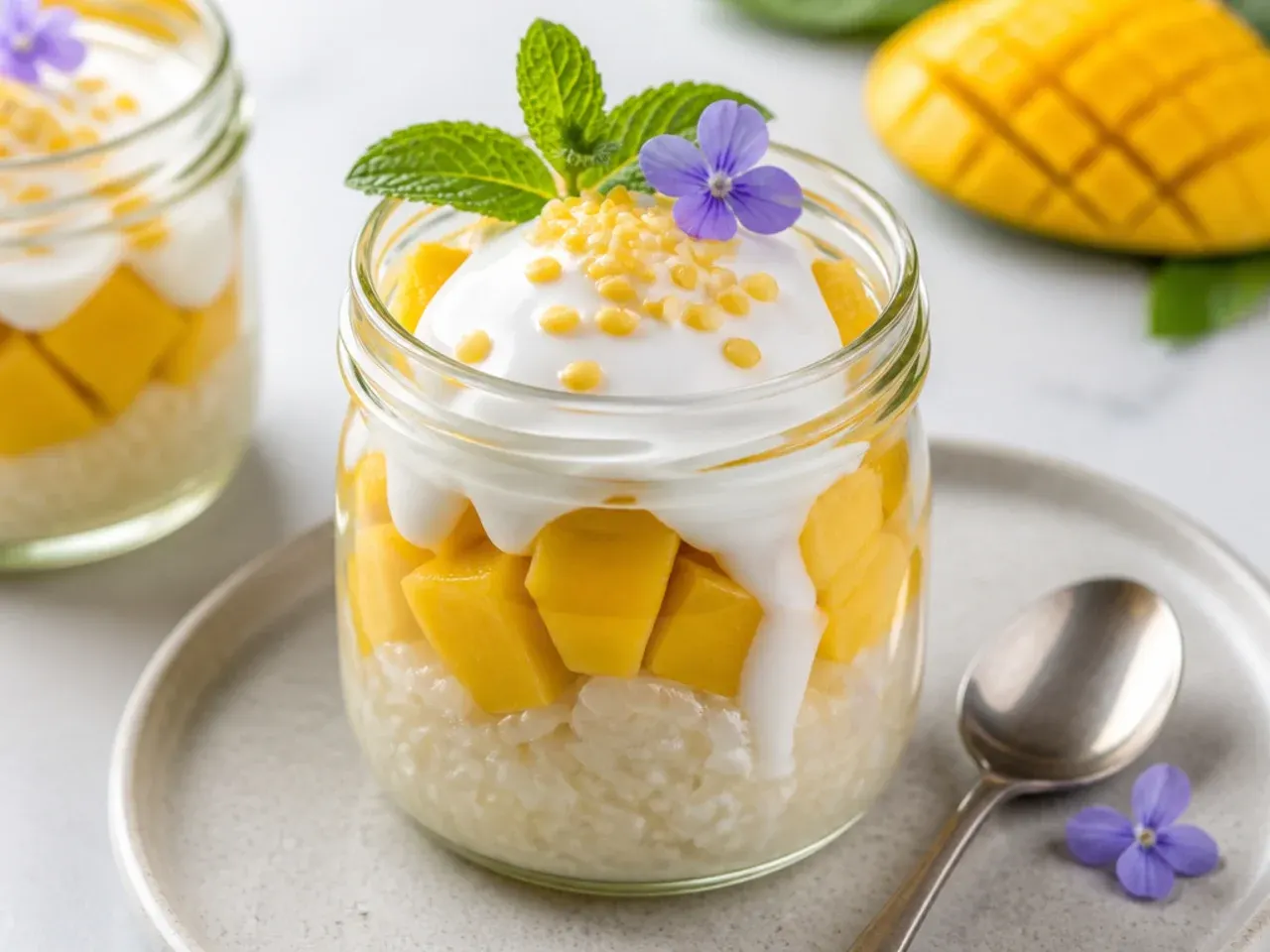 Whimsical mango sticky rice plating layered in small clear glass jars