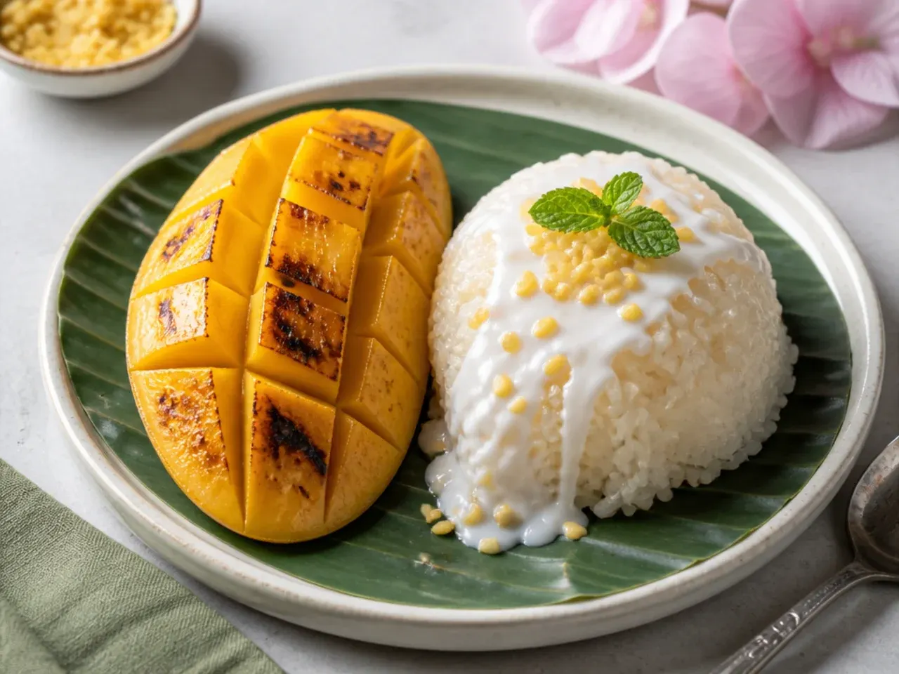 Bold mango sticky rice plating with grilled mango showing char lines