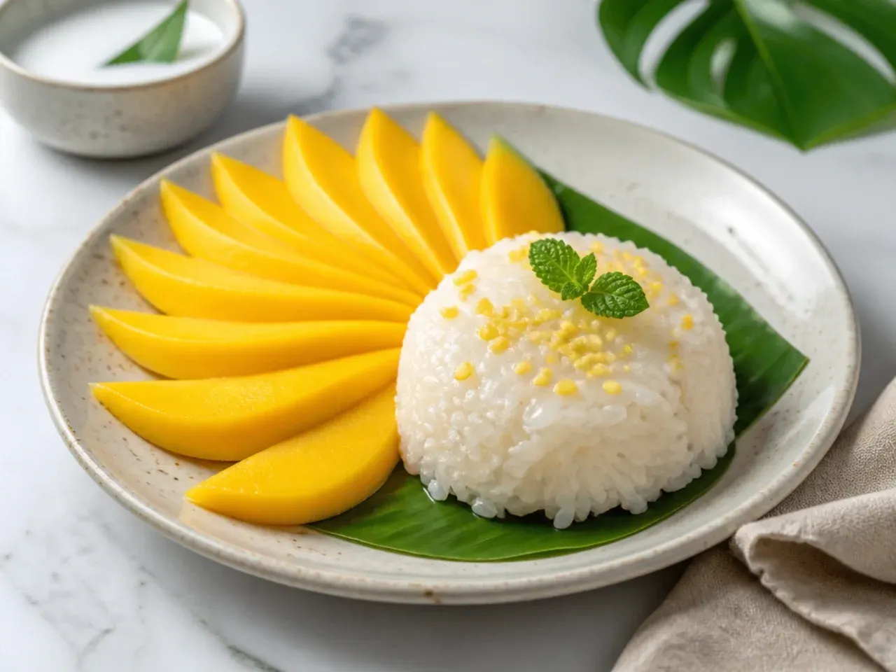 Delicate mango sticky rice plating with thin mango slices fanned like petals