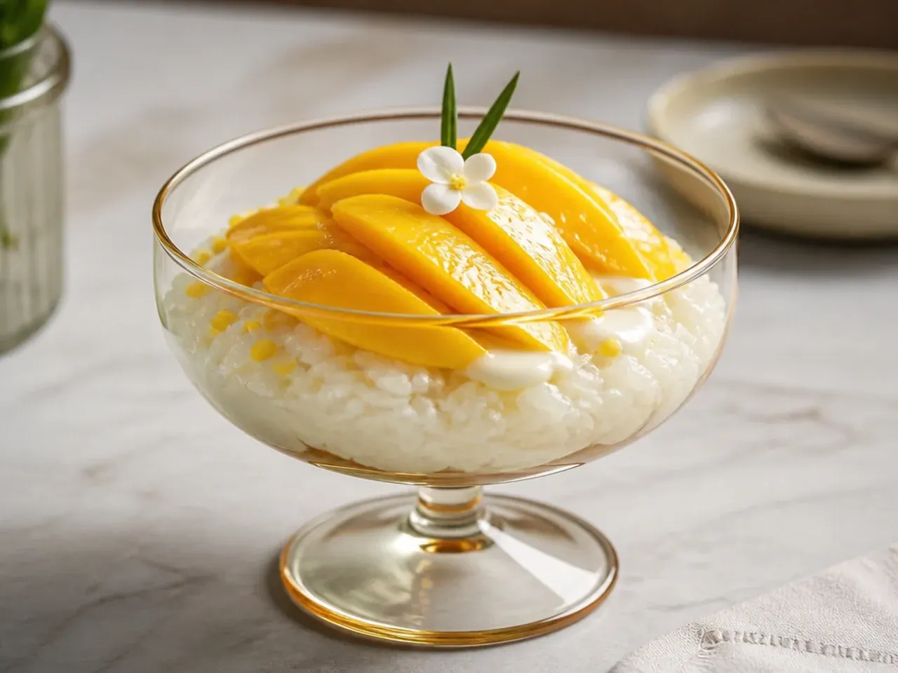 Vintage mango sticky rice plating served in a wide coupe glass