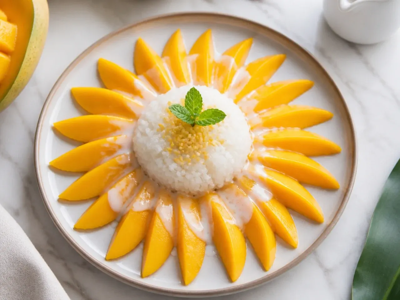 Creative mango sticky rice plating with mango slices fanned out like sun rays
