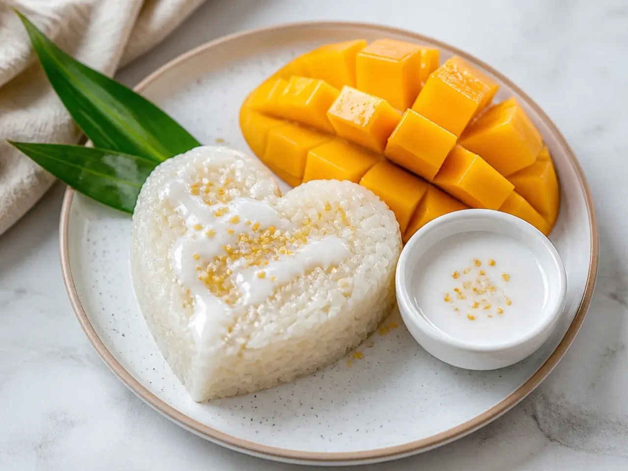 Charming heart-shaped mango sticky rice plating with mango slices and coconut sauce