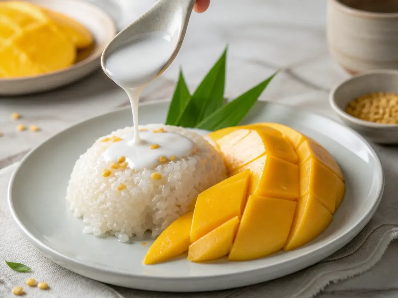 Pro tips for plating mango sticky rice with a spoon drizzling coconut sauce