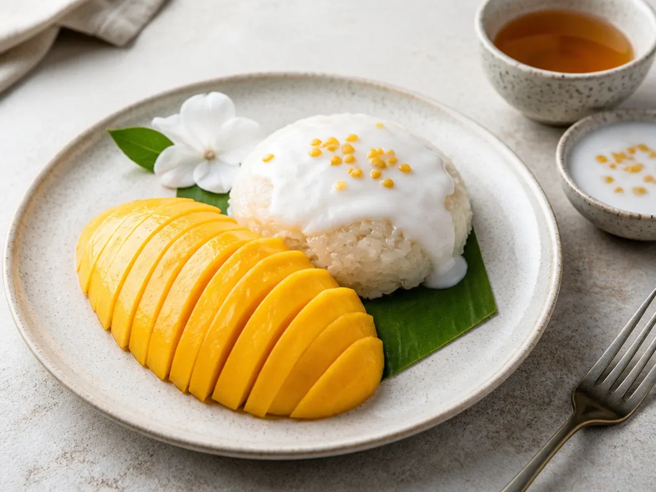 Mango sticky rice plated and served with tea and extra coconut sauce