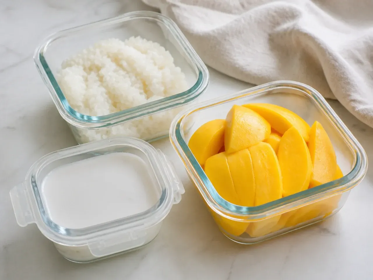 Mango sticky rice components stored separately in airtight containers for reheating