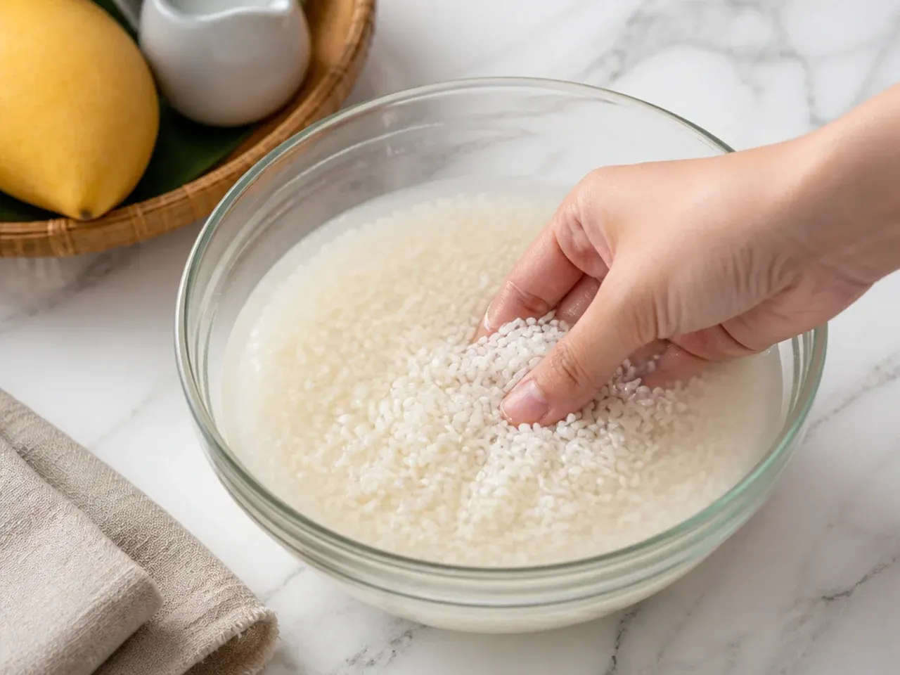 mango sticky rice recipe — step 1: rinse and soak the rice