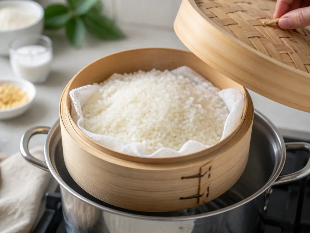 mango sticky rice recipe — step 2: steam the rice