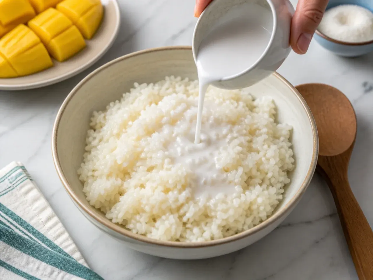 mango sticky rice recipe — step 4: season and rest the rice