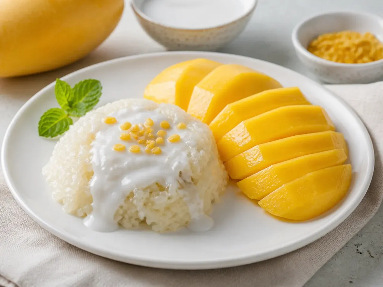 Thai mango sticky rice served with coconut sauce and fresh mango slices on a white plate