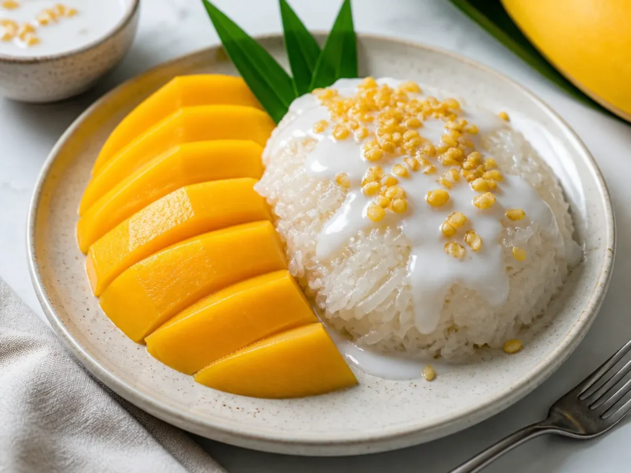 Classic Thai khao niao mamuang mango sticky rice with salted coconut cream and mung beans