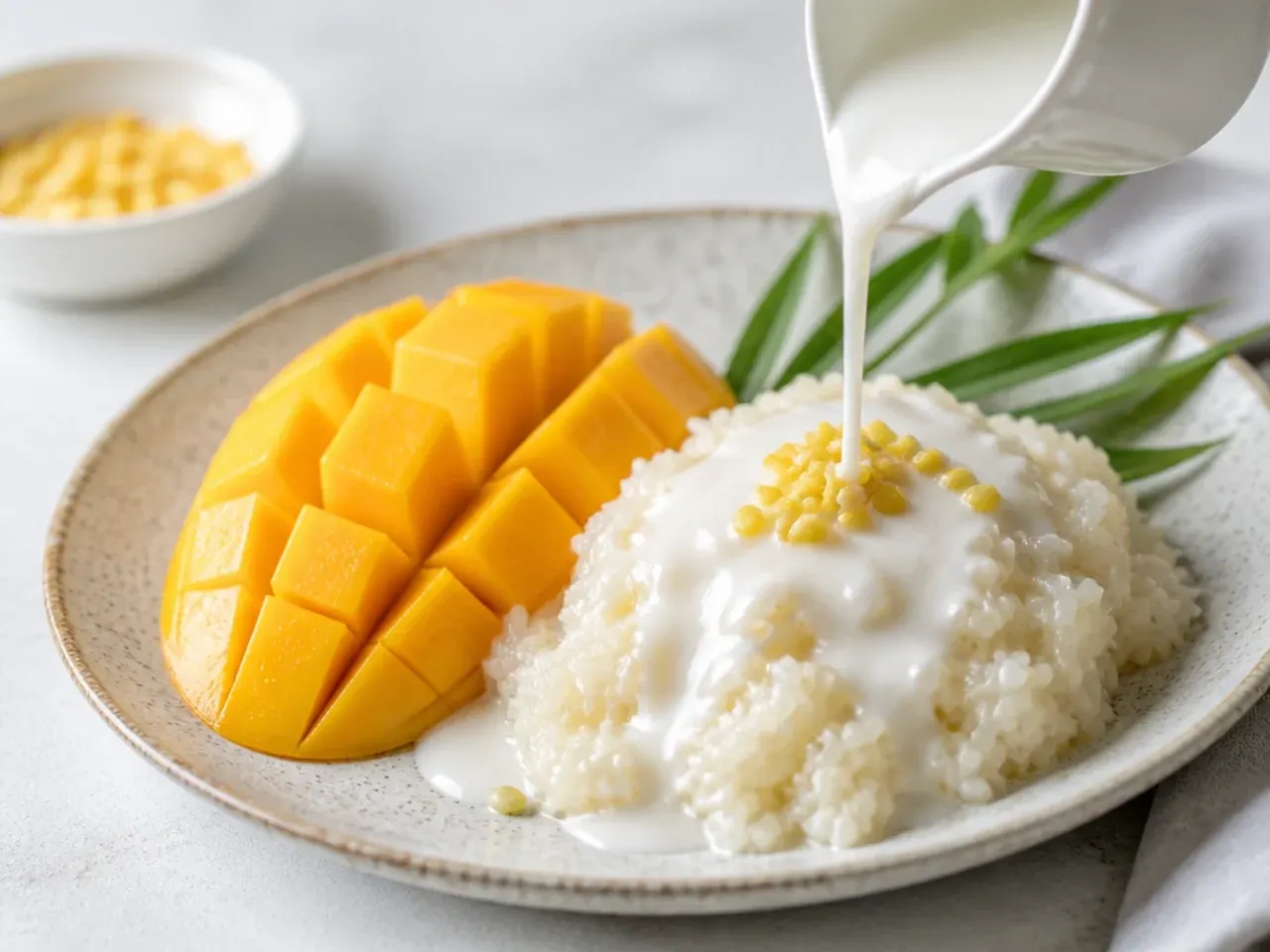 Rice cooker mango sticky rice recipe with coconut milk poured over glutinous rice