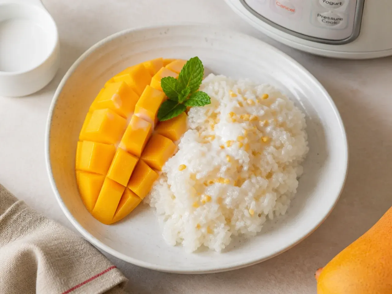 Instant Pot mango sticky rice dessert made with the pot-in-pot steaming method