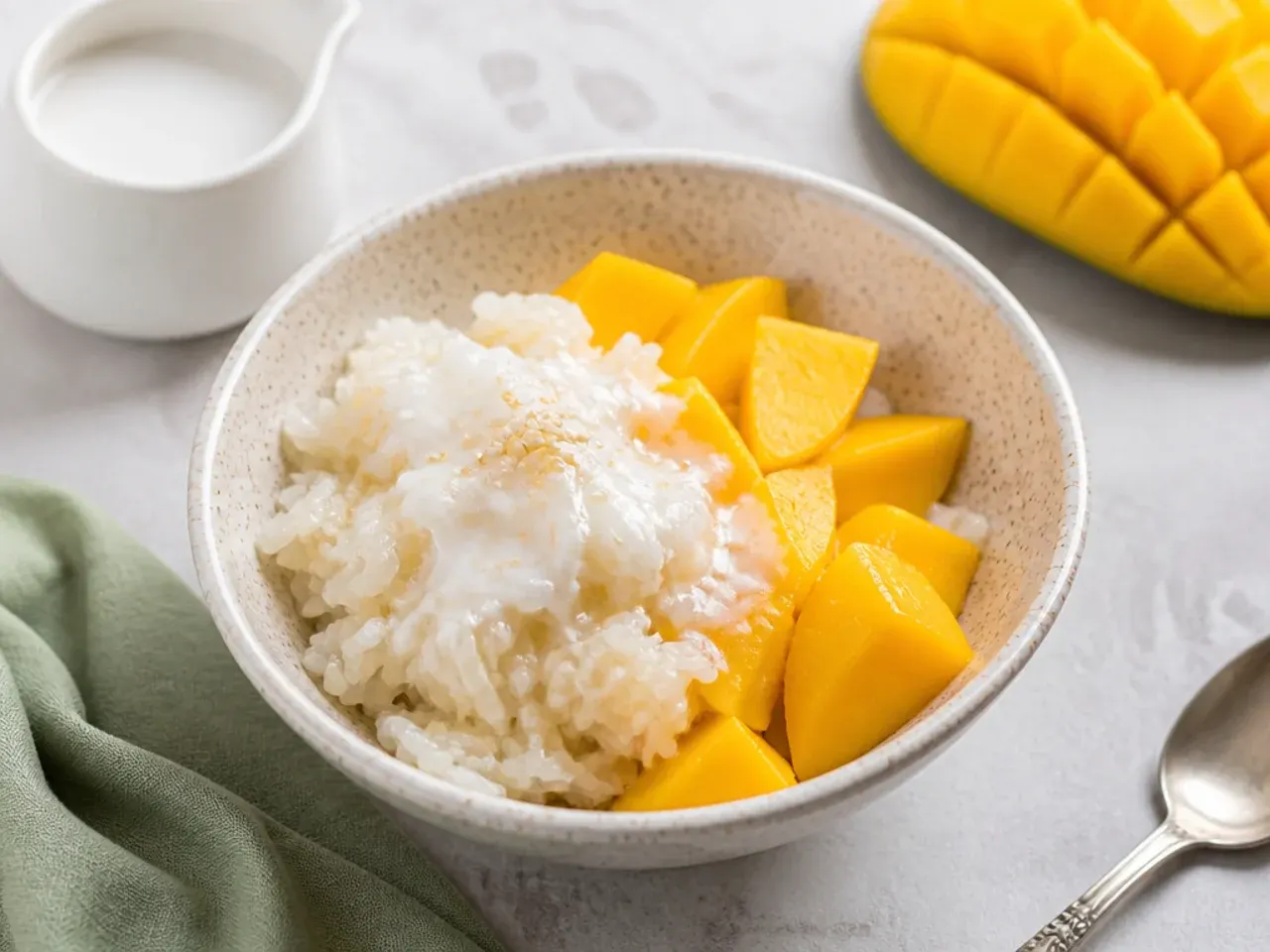 Single serving microwave mango sticky rice in a bowl with fresh mango
