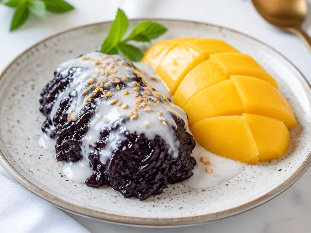 Black sticky rice with mango and coconut cream, a purple Thai dessert variation