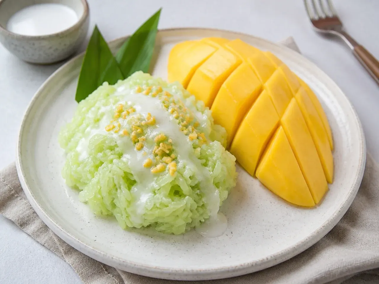 Pandan coconut sticky rice with mango showing pale green glutinous rice