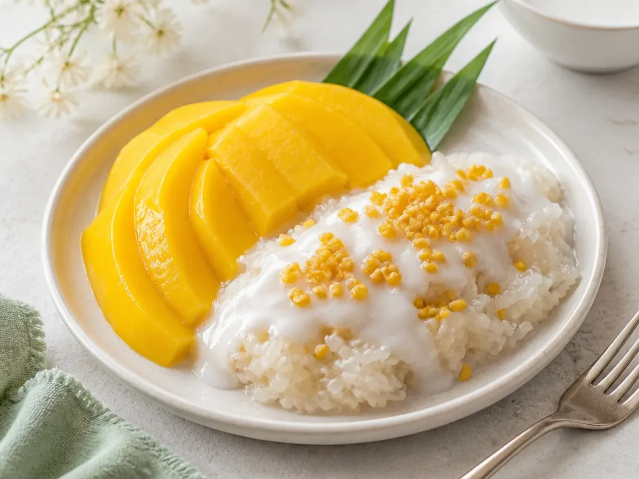 Mango sticky rice topped with salted coconut cream sauce and crispy yellow mung beans