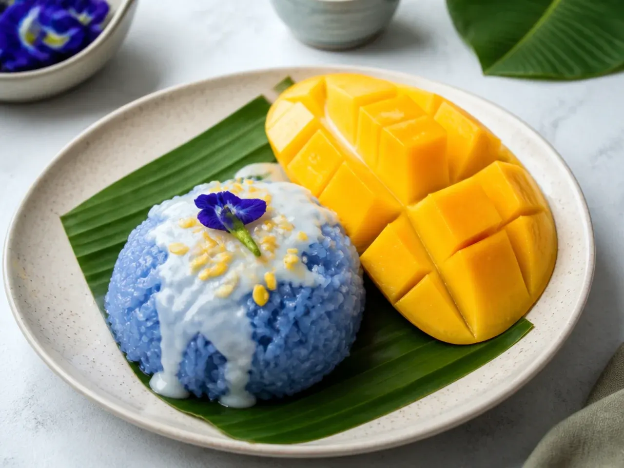 Blue butterfly pea mango sticky rice recipe with vibrant teal glutinous rice