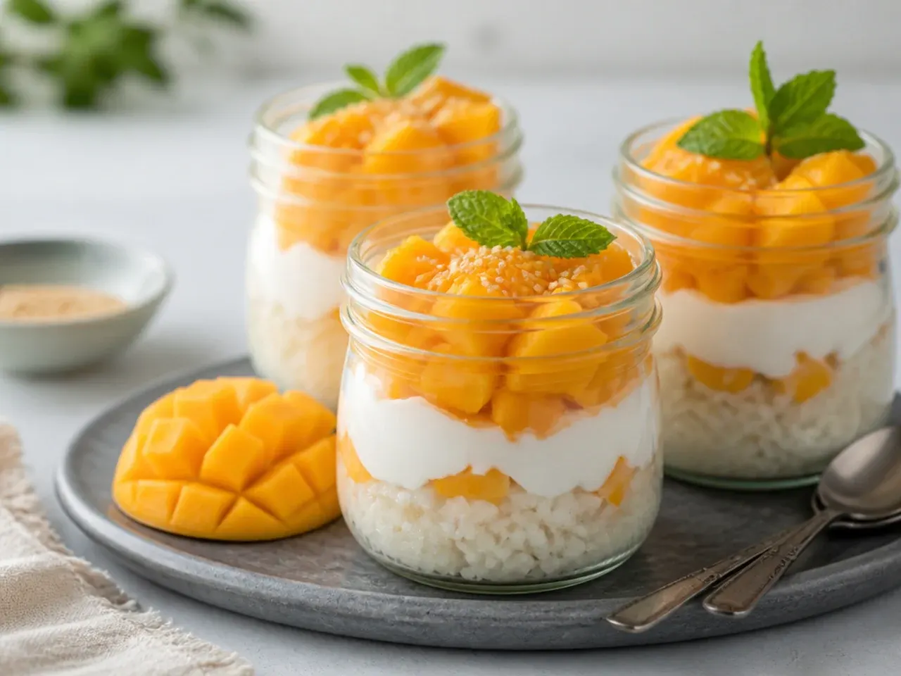 Mango sticky rice parfait jars layered with coconut sauce and mango cubes for a party