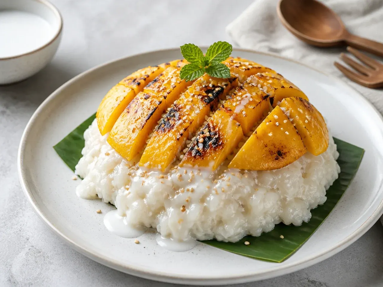 Grilled mango with char lines served over coconut sticky rice