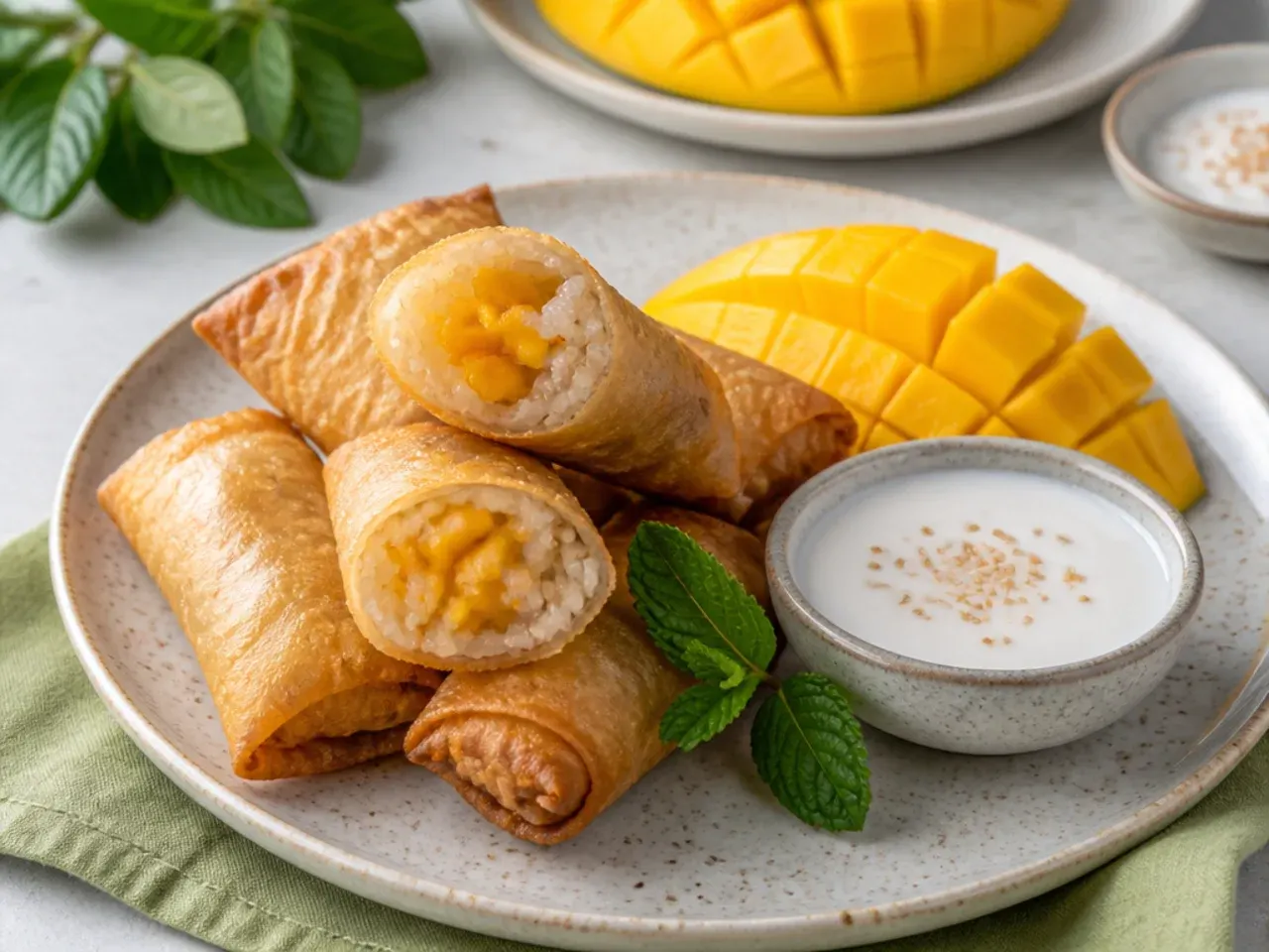 Fried mango sticky rice spring rolls with coconut dipping sauce