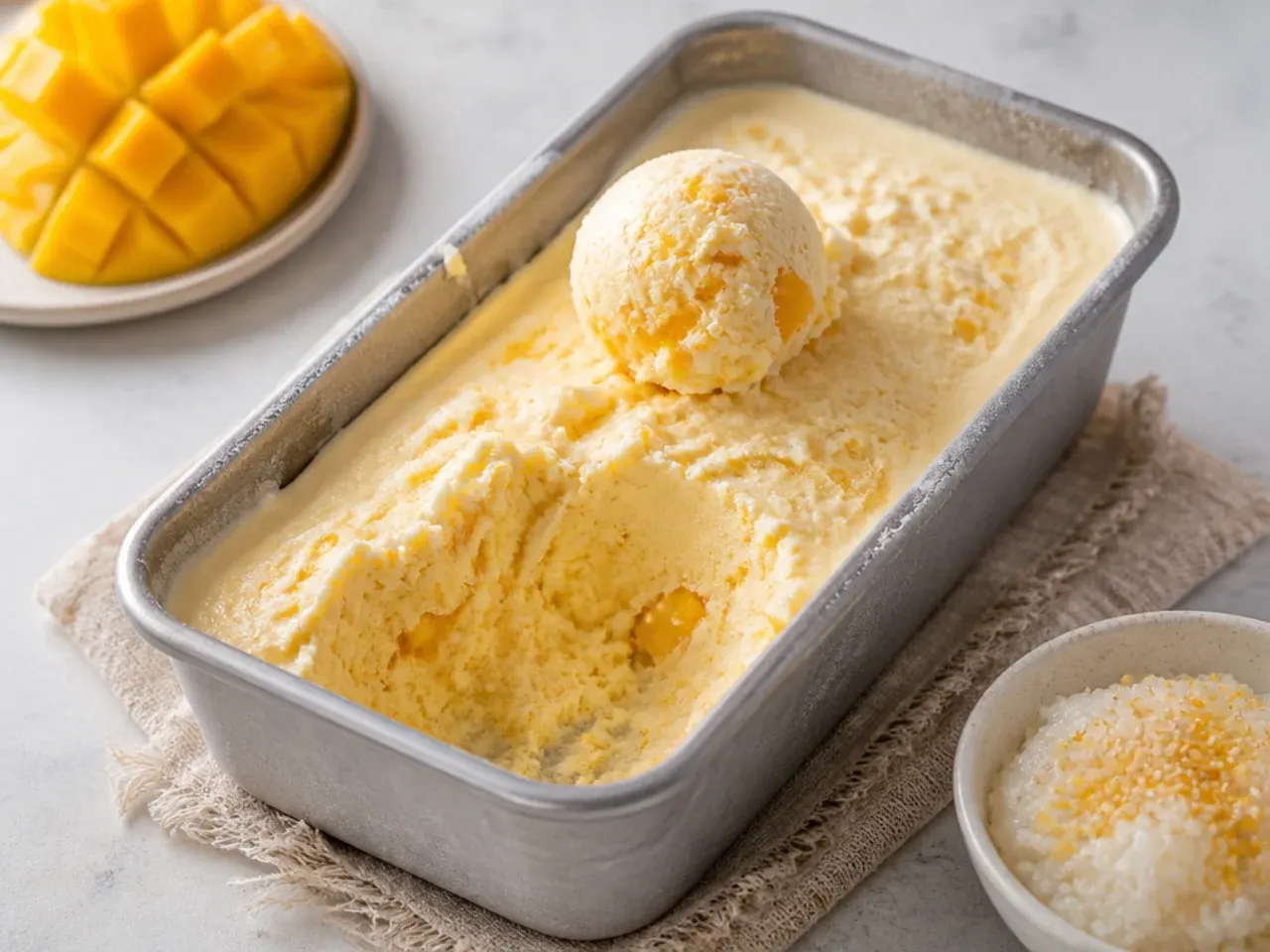 No-churn mango sticky rice ice cream with chewy rice pieces in a loaf tin