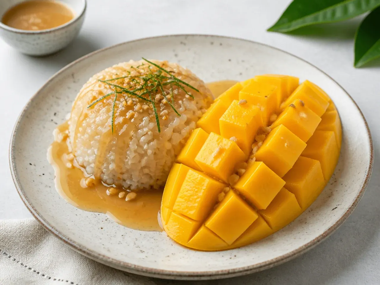Palm sugar mango sticky rice with makrut lime leaves and caramel coloured coconut sauce
