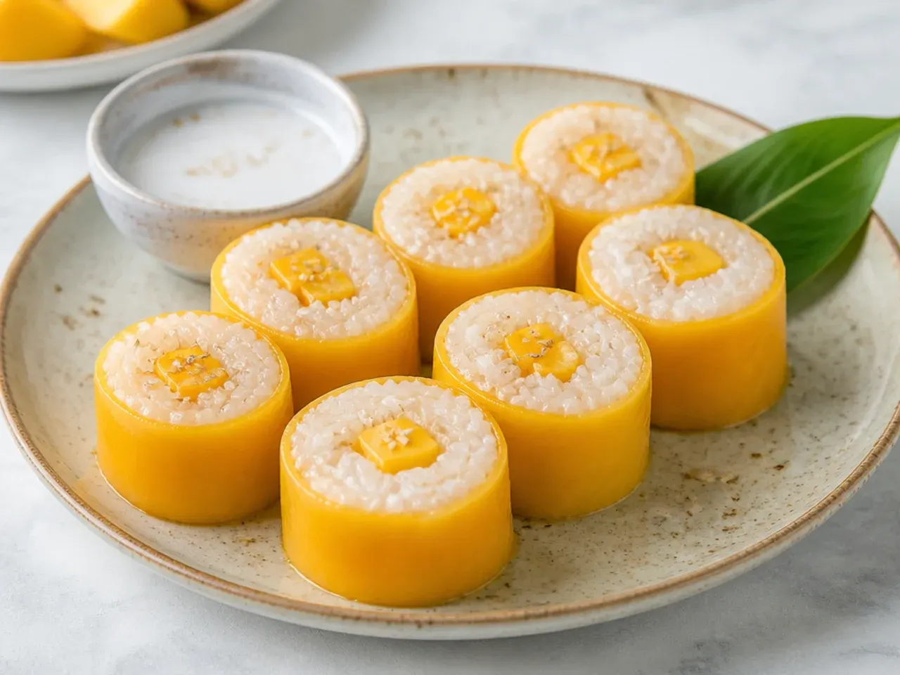 Dessert sushi rolls made from sticky rice and mango sliced into rounds