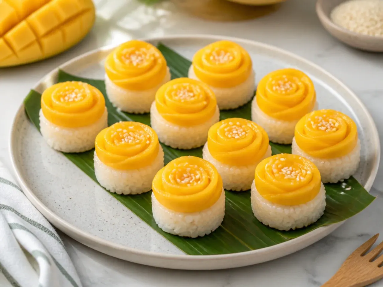 Mini mango sticky rice bites topped with mango roses on a party platter