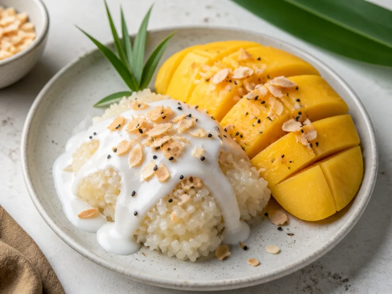 Coconut sticky rice with mango topped with toasted coconut flakes and black sesame